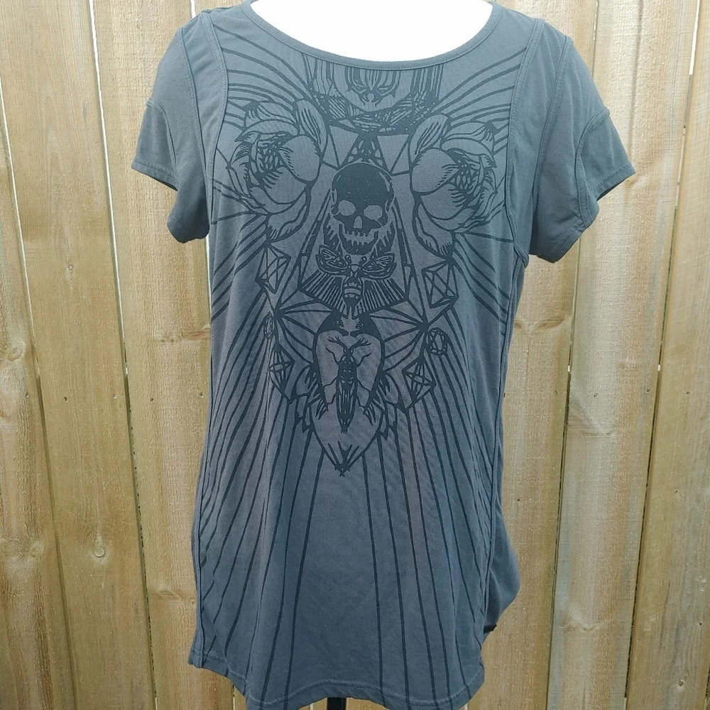 Harley-Davidson Slim Fit Womens Floral Skull T-Shirt Gray Sz XXL.
